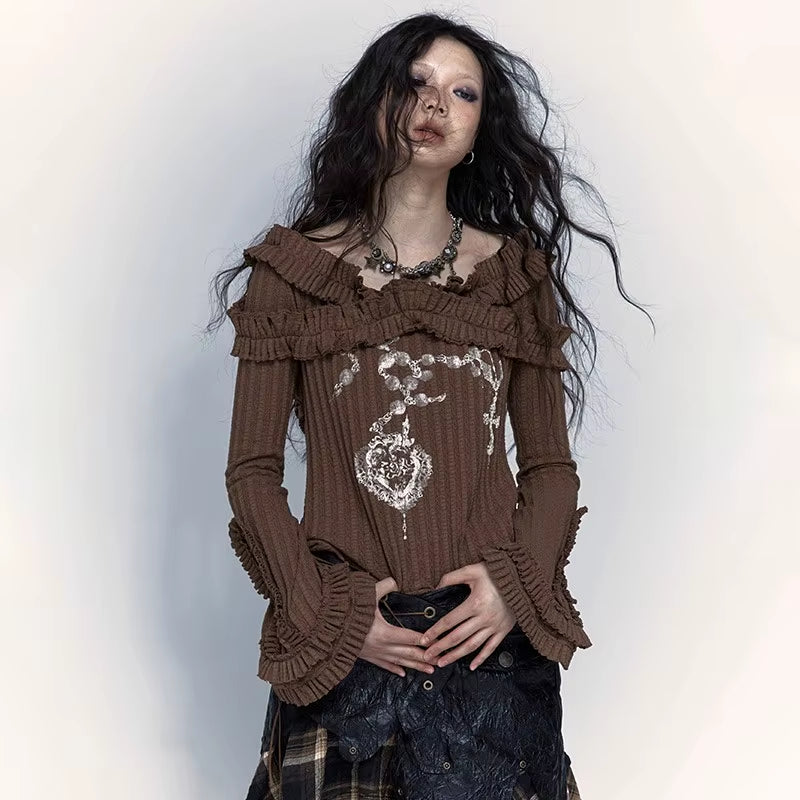  Grunge Aesthetics Knitted Vintage off Shoulder T-Shirt Wasteland Punk Black Ribbed