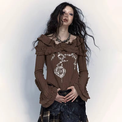  Grunge Aesthetics Knitted Vintage off Shoulder T-Shirt Wasteland Punk Black Ribbed