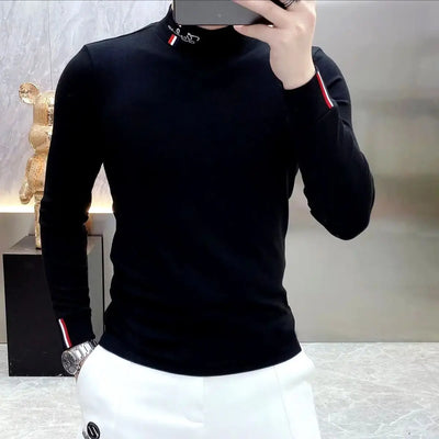 Men Chic Thicken T-Shirt Thermal Half High Collar Bottoming Cootrast Color Long Sleeve Elastic Slim