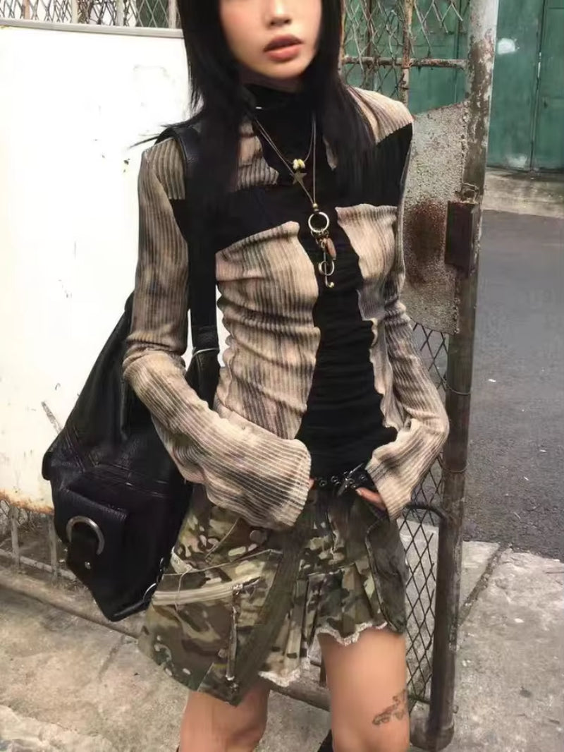 Women Y2K Clothing Ribbed Tops Vintage Harajuku Cross Print T-Shirt Grunge Aesthetic Long Sleeve Patchwork Tops Trend 2000S