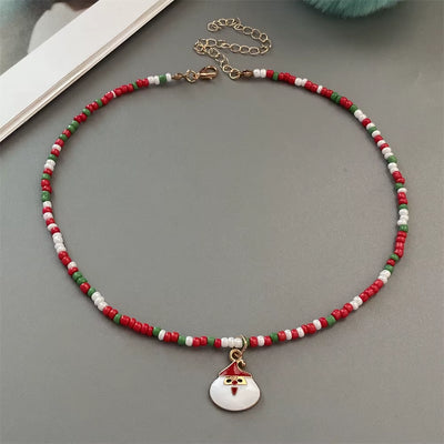 Christmas Necklaces for Women Handmade Rice Beads X'Mas Tree Santa Claus Snowman Necklace