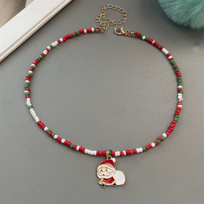 Christmas Necklaces for Women Handmade Rice Beads X'Mas Tree Santa Claus Snowman Necklace