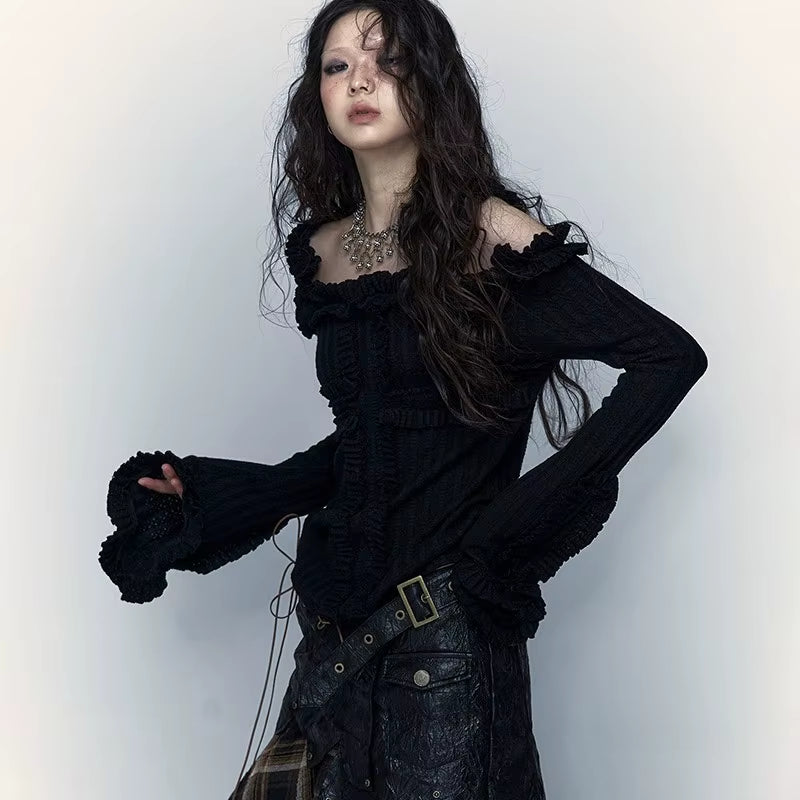  Grunge Aesthetics Knitted Vintage off Shoulder T-Shirt Wasteland Punk Black Ribbed