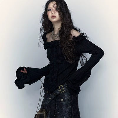  Grunge Aesthetics Knitted Vintage off Shoulder T-Shirt Wasteland Punk Black Ribbed