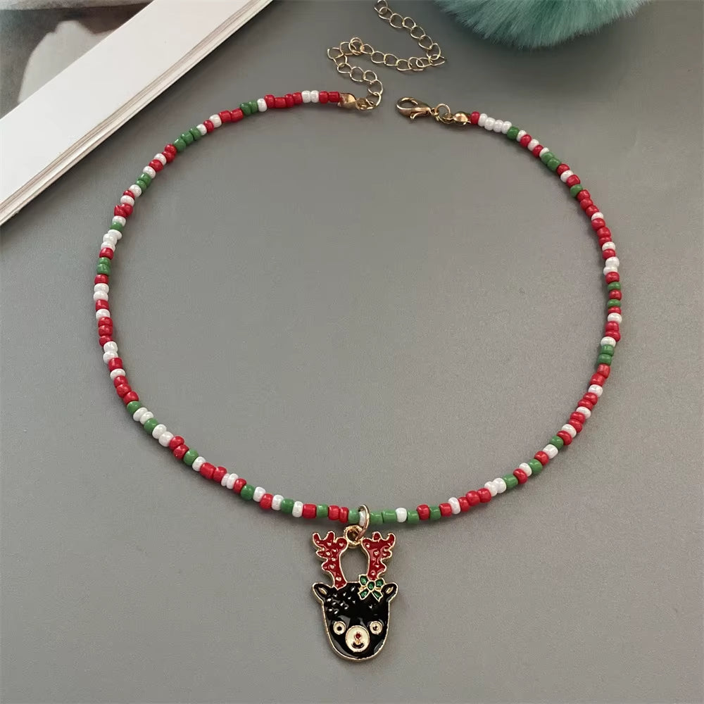Christmas Necklaces for Women Handmade Rice Beads X'Mas Tree Santa Claus Snowman Necklace