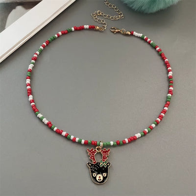 Christmas Necklaces for Women Handmade Rice Beads X'Mas Tree Santa Claus Snowman Necklace