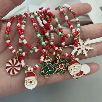 Christmas Necklaces for Women Handmade Rice Beads X'Mas Tree Santa Claus Snowman Necklace