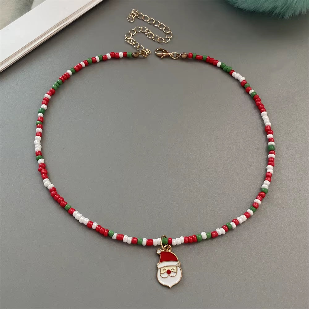 Christmas Necklaces for Women Handmade Rice Beads X'Mas Tree Santa Claus Snowman Necklace