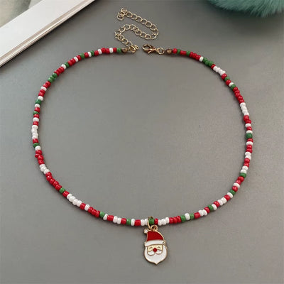 Christmas Necklaces for Women Handmade Rice Beads X'Mas Tree Santa Claus Snowman Necklace