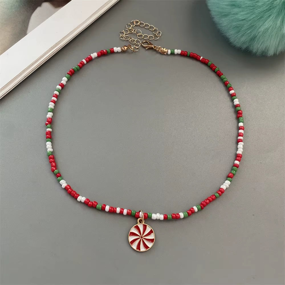 Christmas Necklaces for Women Handmade Rice Beads X'Mas Tree Santa Claus Snowman Necklace