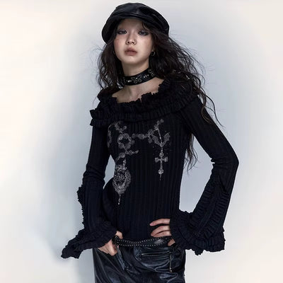  Grunge Aesthetics Knitted Vintage off Shoulder T-Shirt Wasteland Punk Black Ribbed