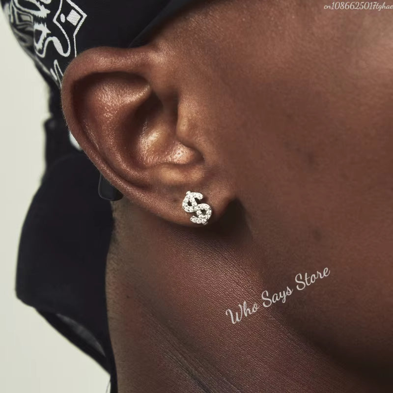 Stainless Steel Earrings Hip Hop Jewelry Stud Earring Iced Out Zircon Dollar Sign Gold Plated Earrings for Women