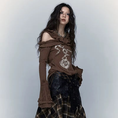  Grunge Aesthetics Knitted Vintage off Shoulder T-Shirt Wasteland Punk Black Ribbed