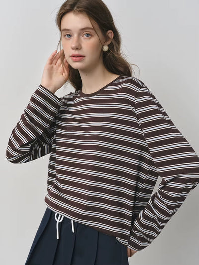 Women Retro Color Block Striped T-Shirt Classic round Neck Long Sleeve Basic Vintage Oversized Chic Streetwear