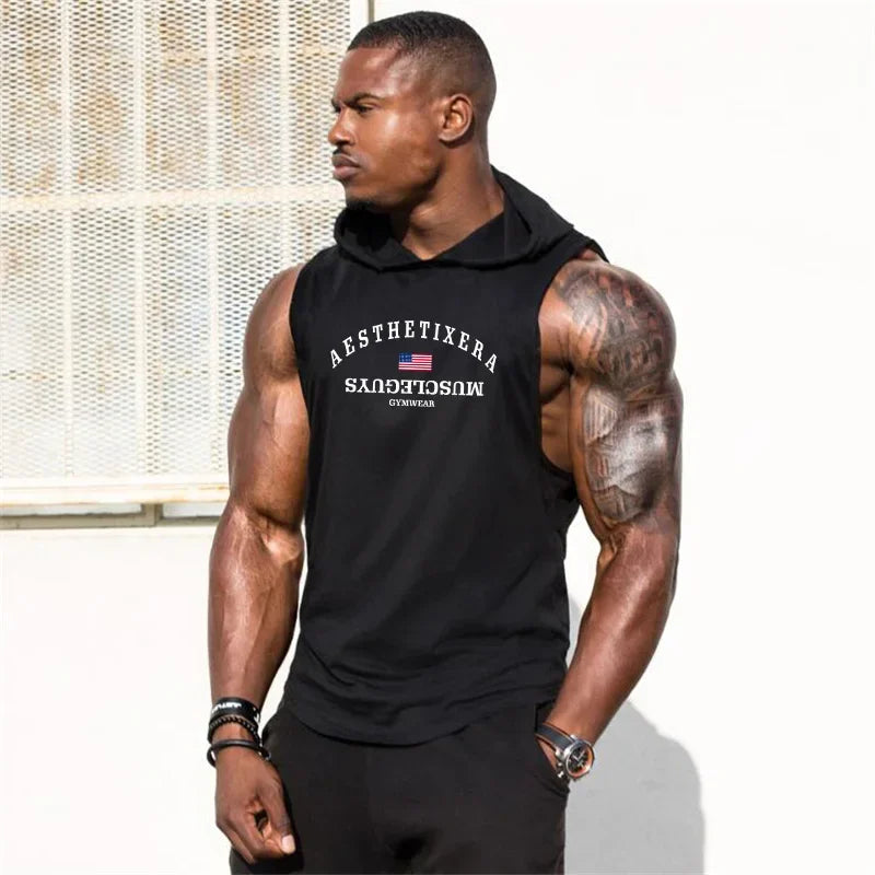 Stringers Sleeveless Vest Hoodie Top for Men Singlets Shirt Cotton Fitness