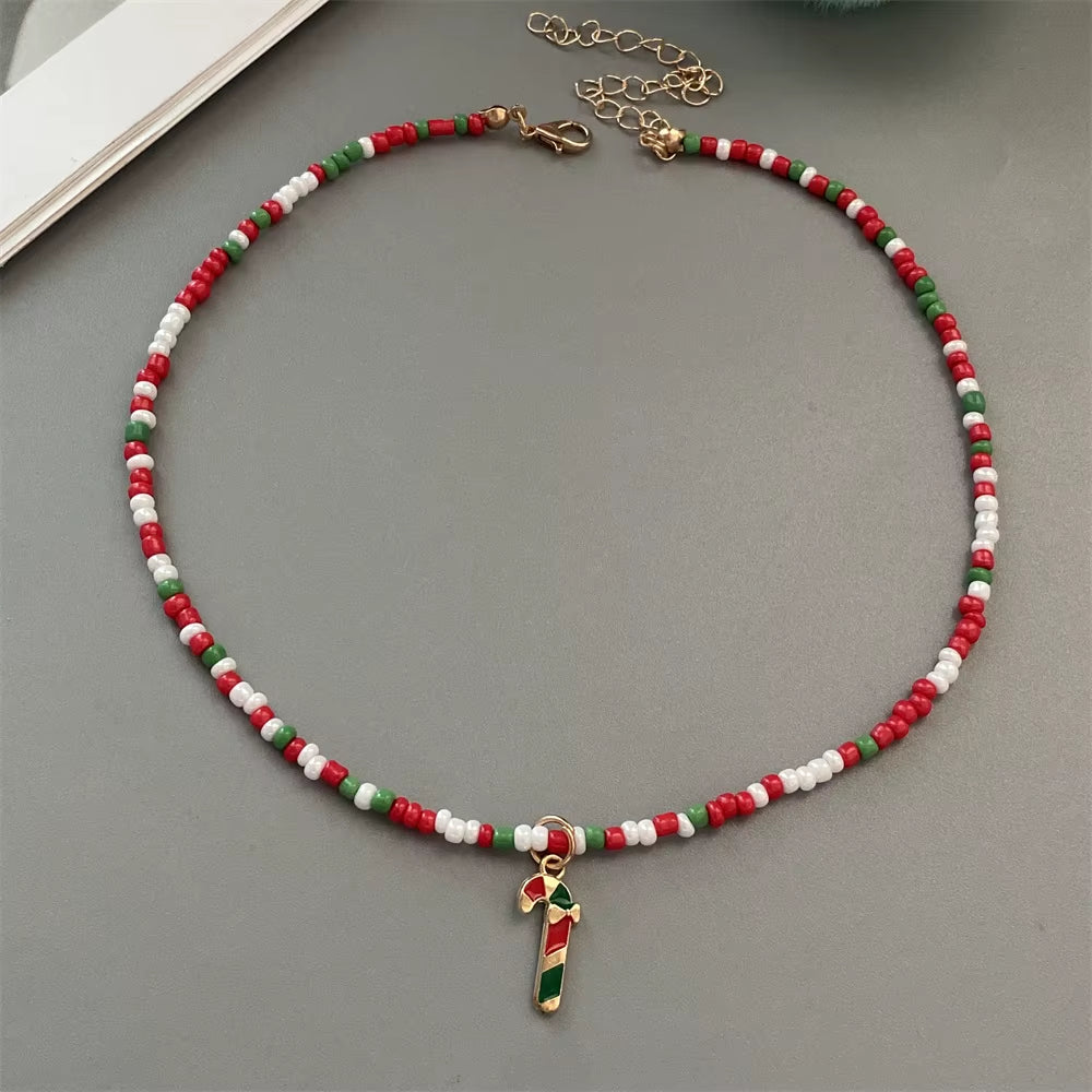 Christmas Necklaces for Women Handmade Rice Beads X'Mas Tree Santa Claus Snowman Necklace