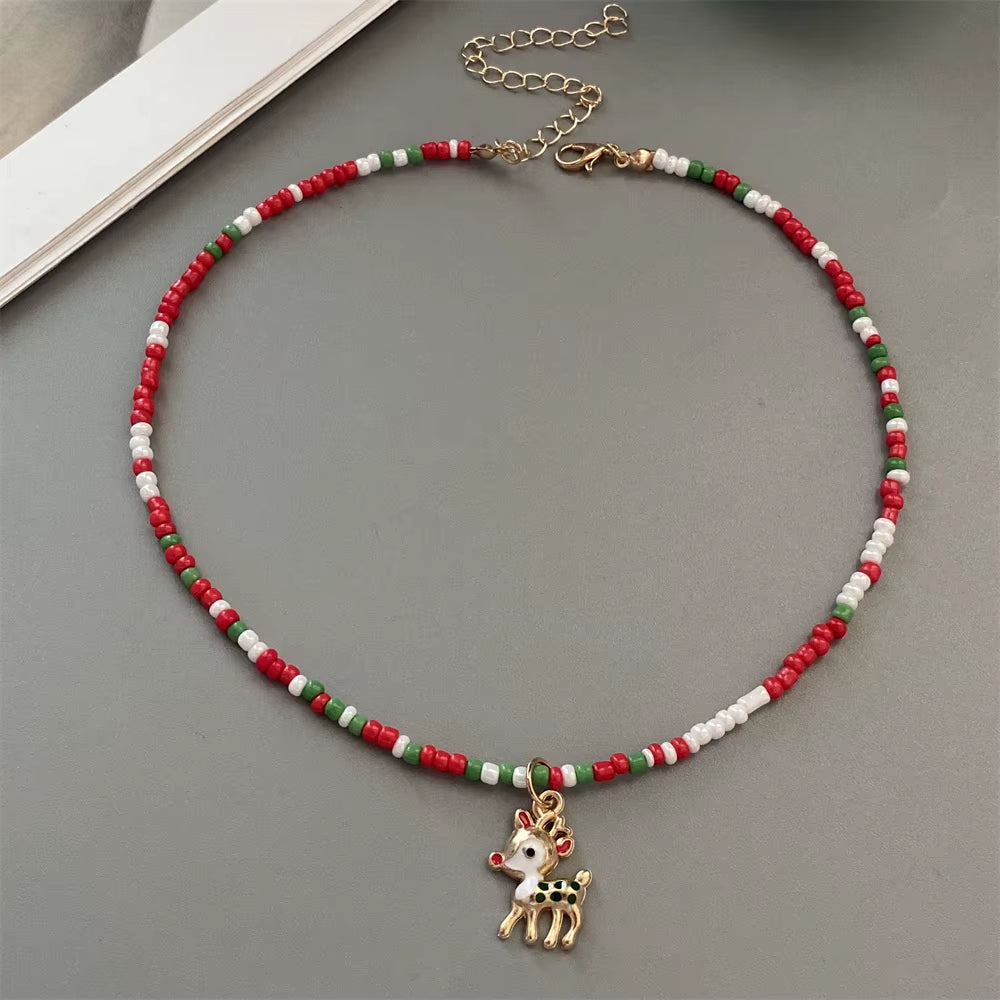 Christmas Necklaces for Women Handmade Rice Beads X'Mas Tree Santa Claus Snowman Necklace