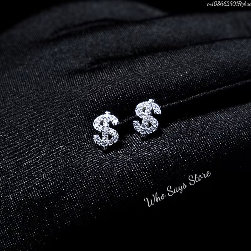 Stainless Steel Earrings Hip Hop Jewelry Stud Earring Iced Out Zircon Dollar Sign Gold Plated Earrings for Women