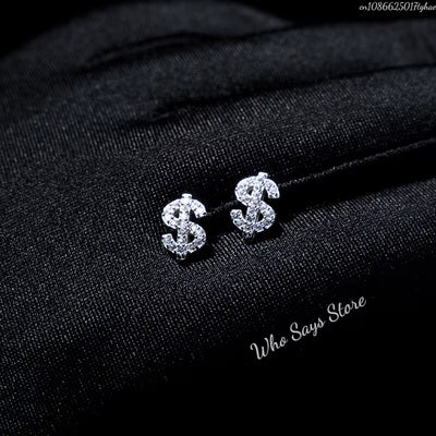 Stainless Steel Earrings Hip Hop Jewelry Stud Earring Iced Out Zircon Dollar Sign Gold Plated Earrings for Women