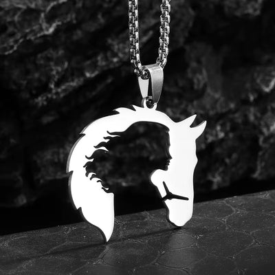 Men'S Necklace Hollowed Out Horsehead and Girl Pendant Hip-Hop Silver Color Stainless Steel Chain Personality Rock Jewelry