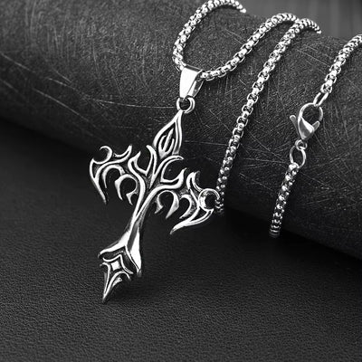 Hip Hop Flame Cross Pendant Necklace Stainless Steel Minimalist Jewelry for Men Retro Fashion