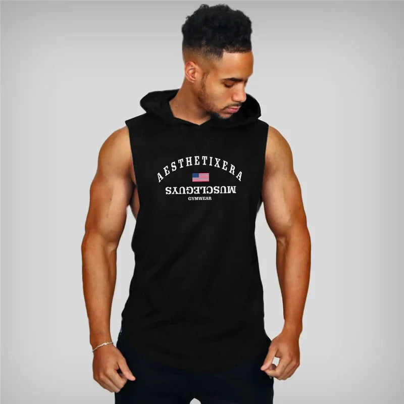 Stringers Sleeveless Vest Hoodie Top for Men Singlets Shirt Cotton Fitness