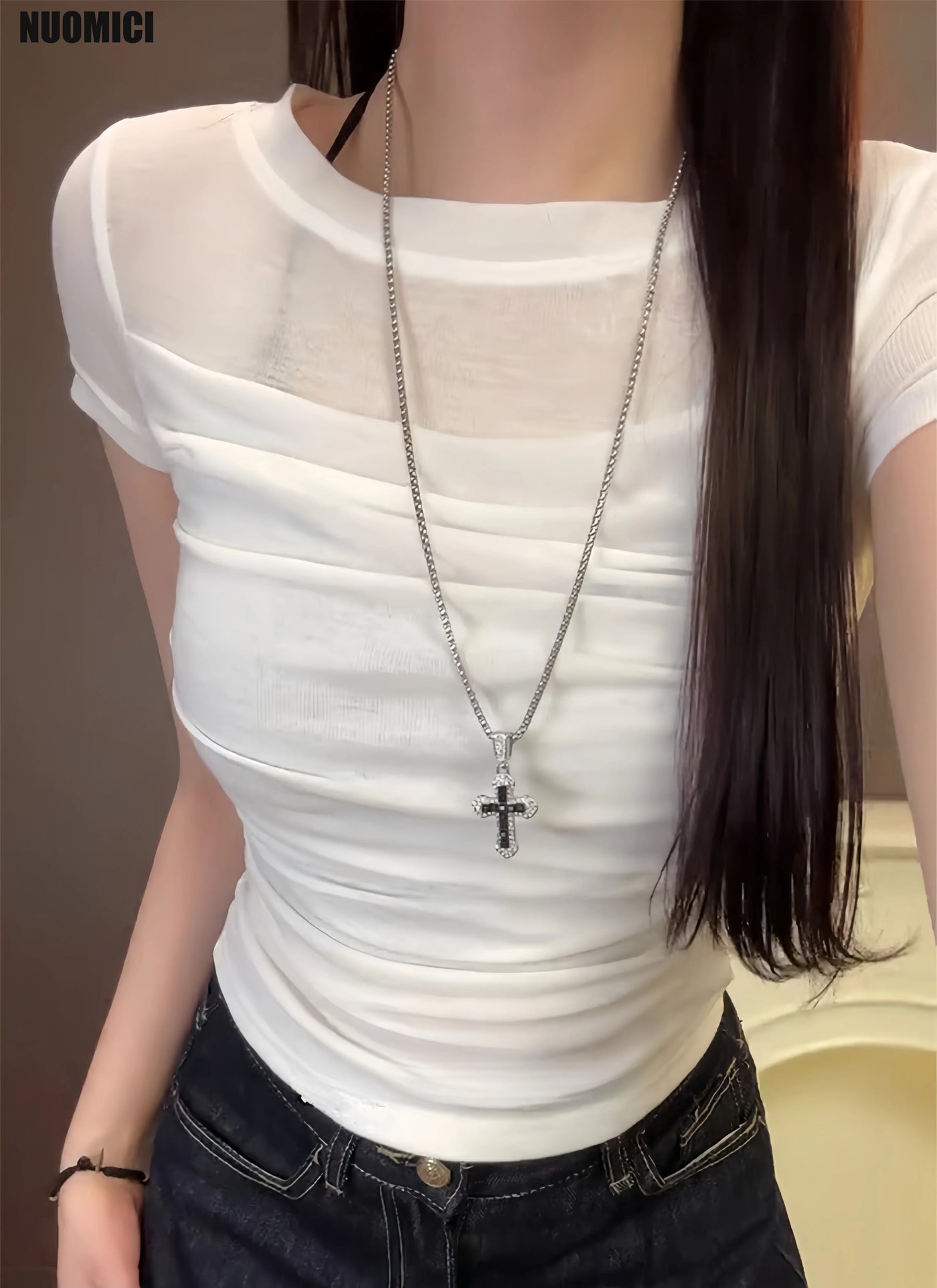 Short-Sleeved T-Shirt Women White Mesh Splicing Pleated Design Slim Fit