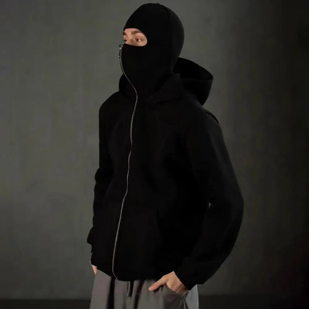 Unisex Balaclava Hoodie Warm Loose Hooded Jacket Zip-Up Casual Jacket with Face Mask