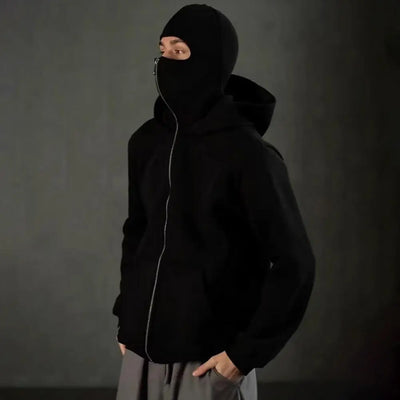 Unisex Balaclava Hoodie Warm Loose Hooded Jacket Zip-Up Casual Jacket with Face Mask
