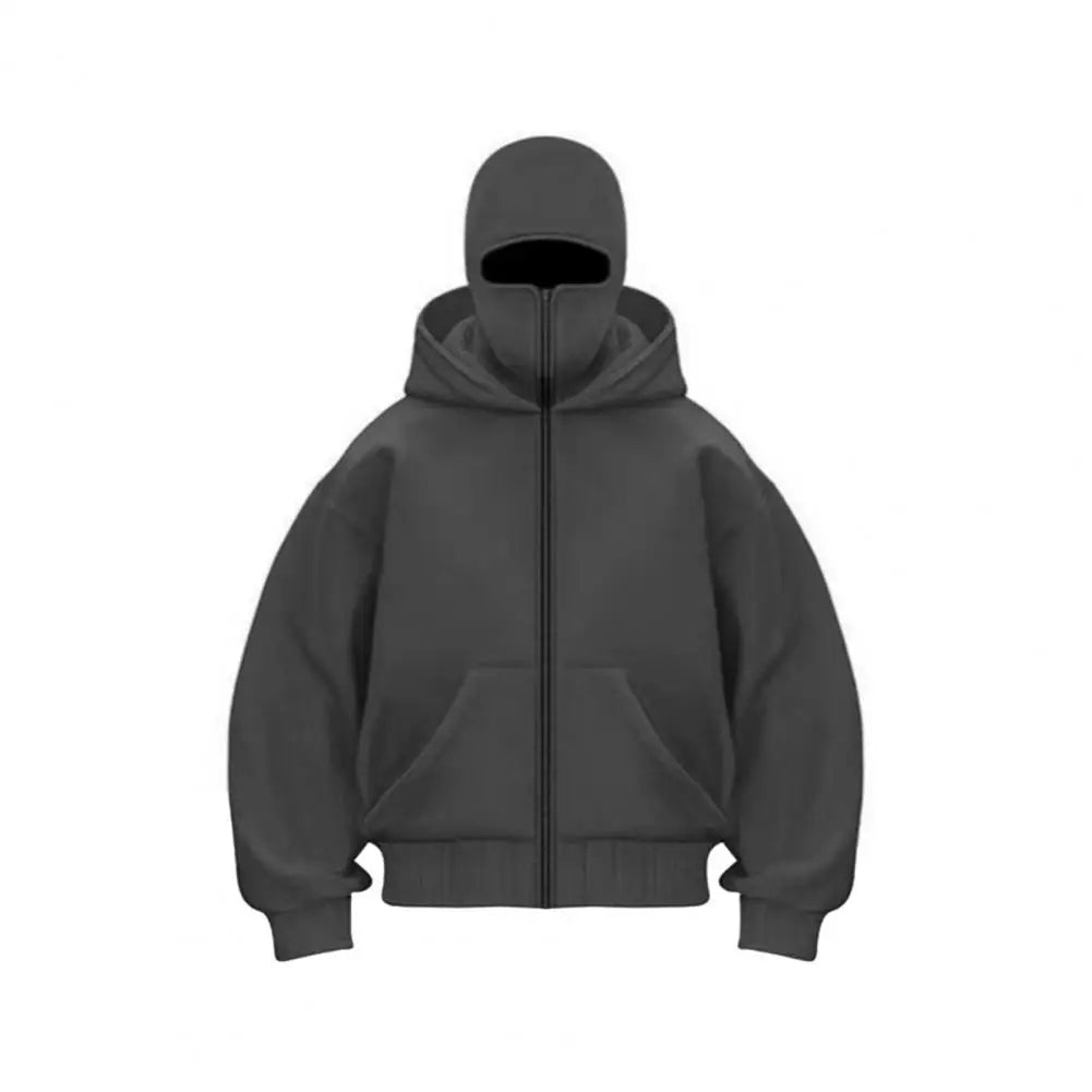 Unisex Balaclava Hoodie Warm Loose Hooded Jacket Zip-Up Casual Jacket with Face Mask