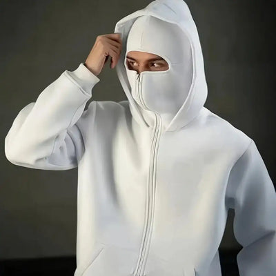 Unisex Balaclava Hoodie Warm Loose Hooded Jacket Zip-Up Casual Jacket with Face Mask