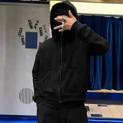 Unisex Balaclava Hoodie Warm Loose Hooded Jacket Zip-Up Casual Jacket with Face Mask