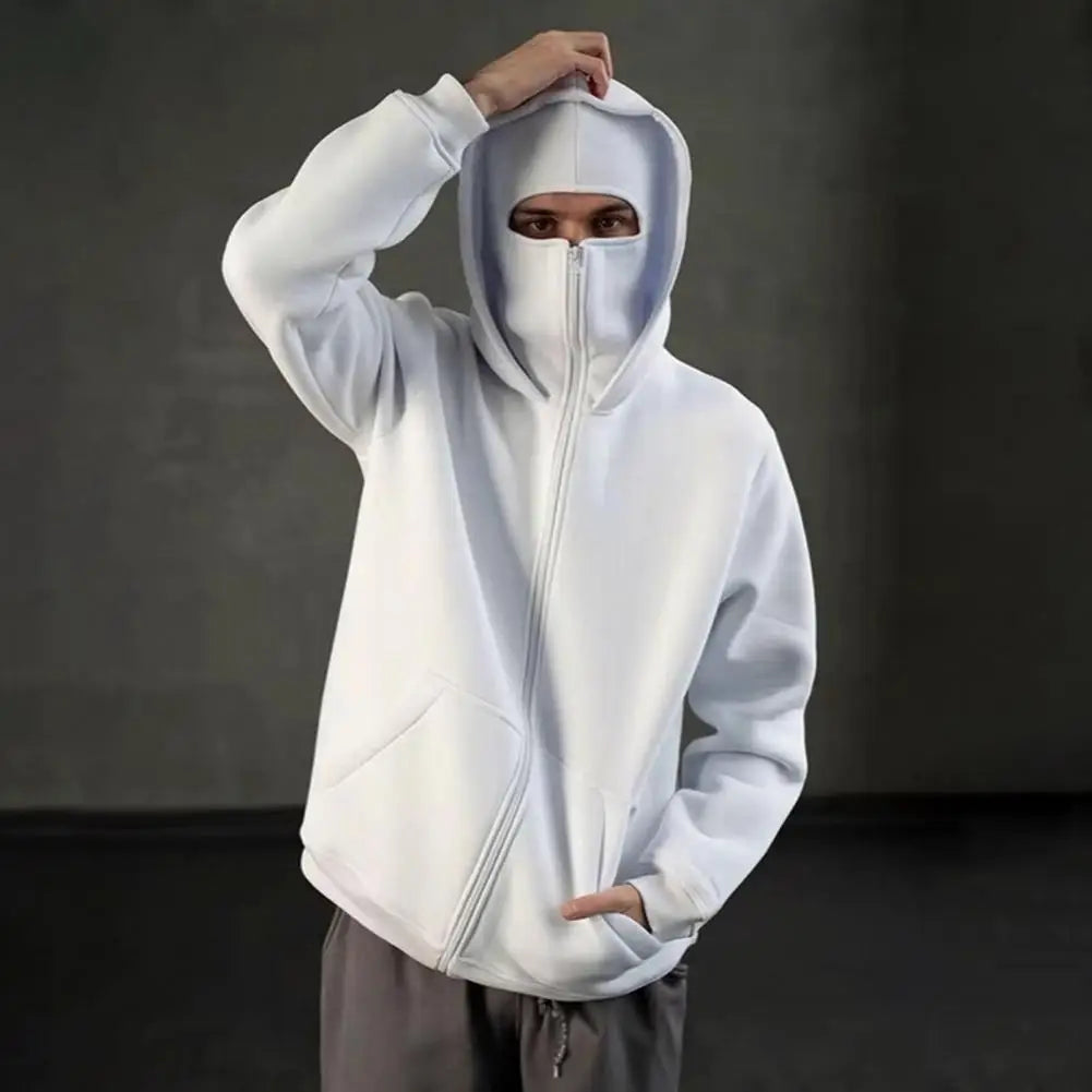 Unisex Balaclava Hoodie Warm Loose Hooded Jacket Zip-Up Casual Jacket with Face Mask