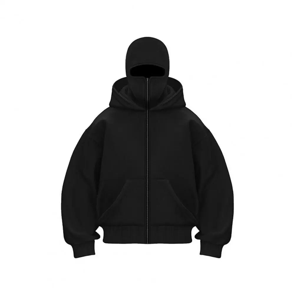 Unisex Balaclava Hoodie Warm Loose Hooded Jacket Zip-Up Casual Jacket with Face Mask