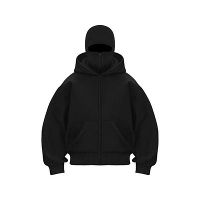 Unisex Balaclava Hoodie Warm Loose Hooded Jacket Zip-Up Casual Jacket with Face Mask