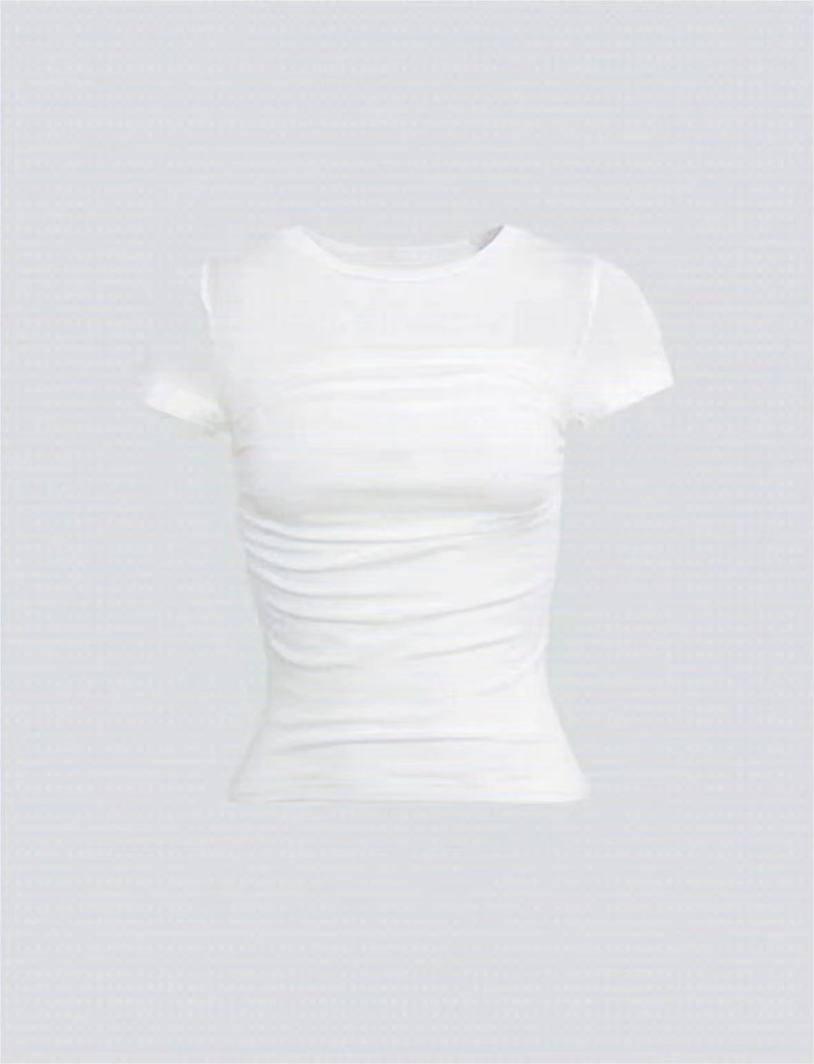 Short-Sleeved T-Shirt Women White Mesh Splicing Pleated Design Slim Fit