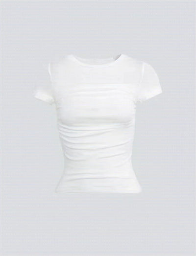 Short-Sleeved T-Shirt Women White Mesh Splicing Pleated Design Slim Fit