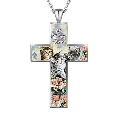 Three Cats Cross Pendant Necklace for Kid Christian Religious Jewelry