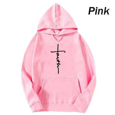 Trendy Unisex Faith Print Fleece Hoodie - Stylish Crew Neck Sweatshirt for Men and Women