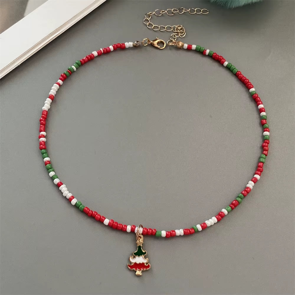 Christmas Necklaces for Women Handmade Rice Beads X'Mas Tree Santa Claus Snowman Necklace
