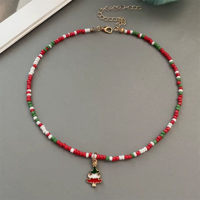Christmas Necklaces for Women Handmade Rice Beads X'Mas Tree Santa Claus Snowman Necklace