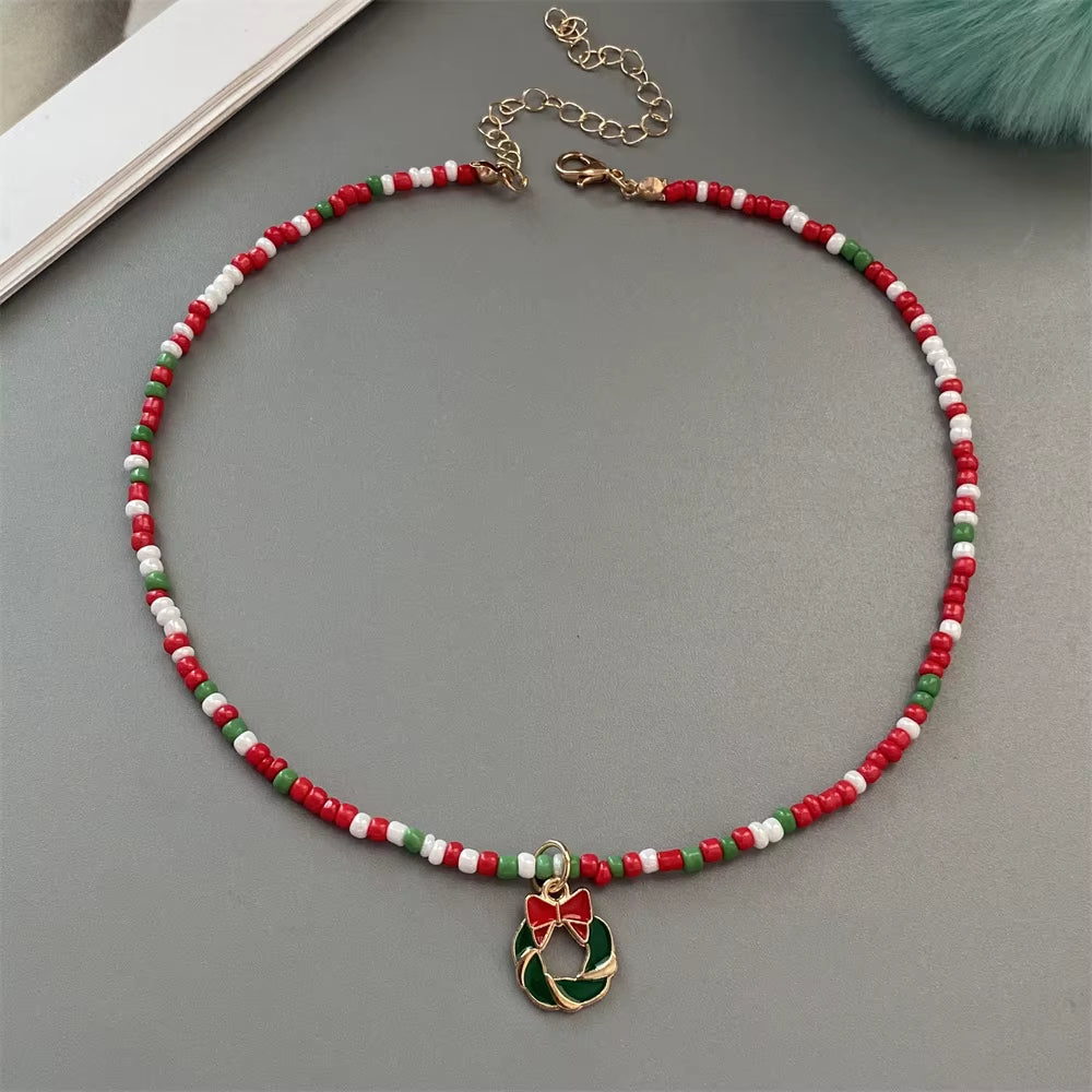 Christmas Necklaces for Women Handmade Rice Beads X'Mas Tree Santa Claus Snowman Necklace