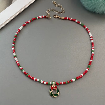 Christmas Necklaces for Women Handmade Rice Beads X'Mas Tree Santa Claus Snowman Necklace
