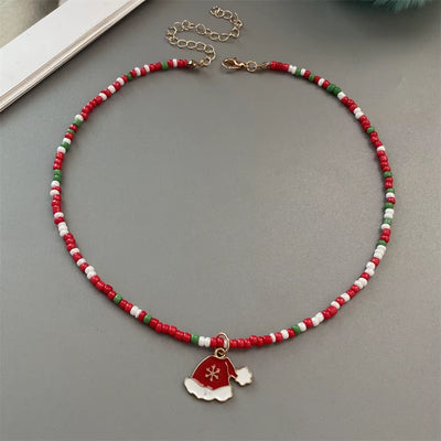 Christmas Necklaces for Women Handmade Rice Beads X'Mas Tree Santa Claus Snowman Necklace