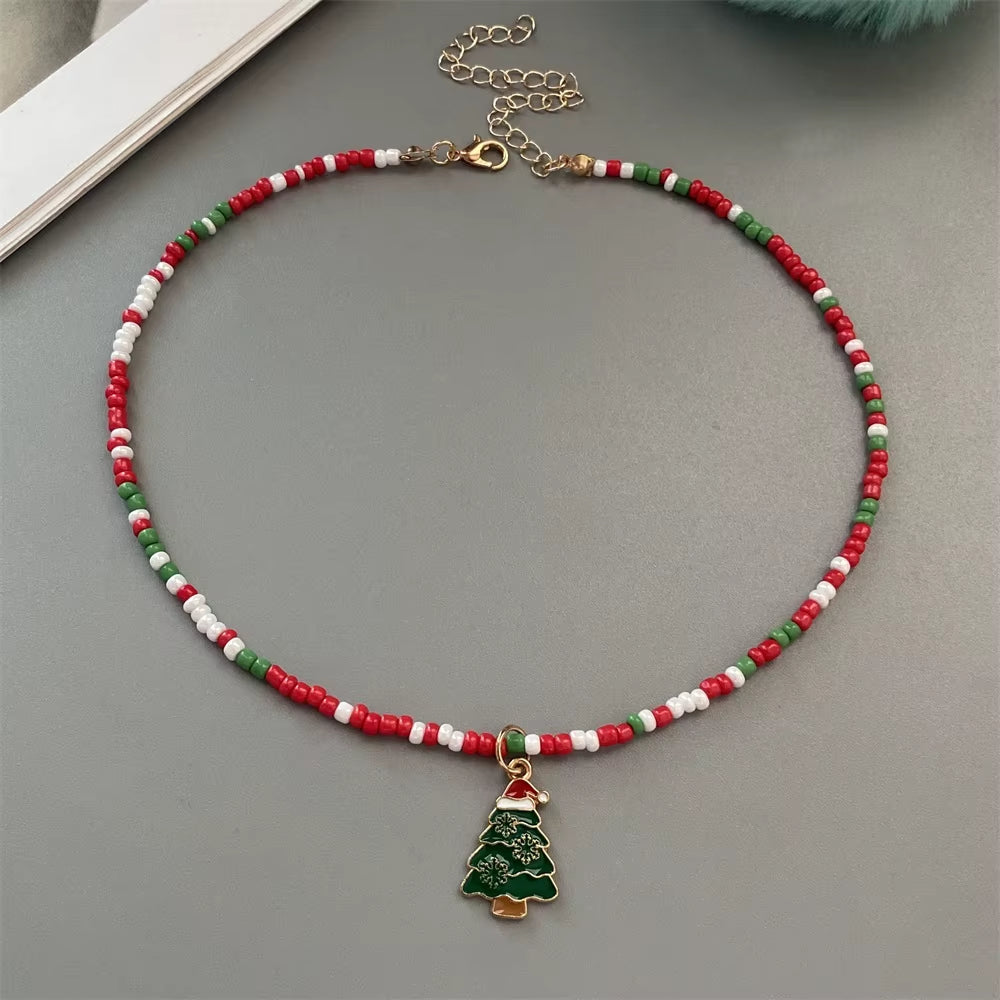 Christmas Necklaces for Women Handmade Rice Beads X'Mas Tree Santa Claus Snowman Necklace