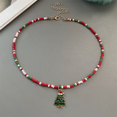 Christmas Necklaces for Women Handmade Rice Beads X'Mas Tree Santa Claus Snowman Necklace