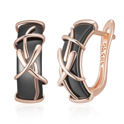 Hot 585 Rose Gold Color Black Ceramics Dangle Earrings for Women Branches Accessories High Quality Daily Fine Jewelry