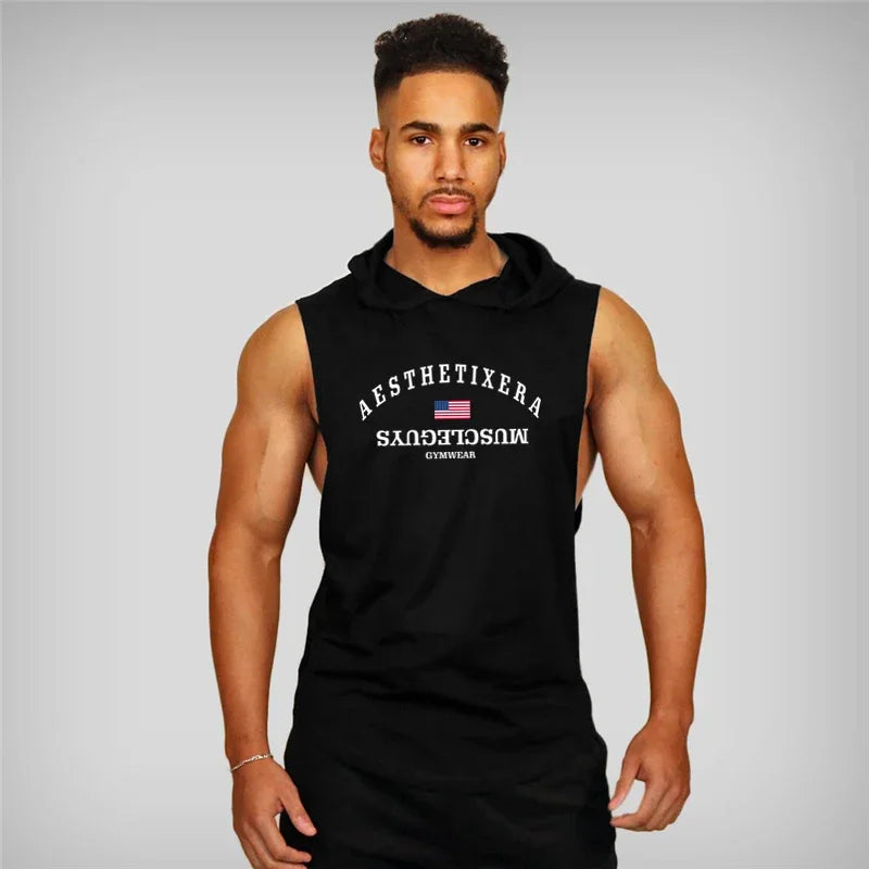 Stringers Sleeveless Vest Hoodie Top for Men Singlets Shirt Cotton Fitness