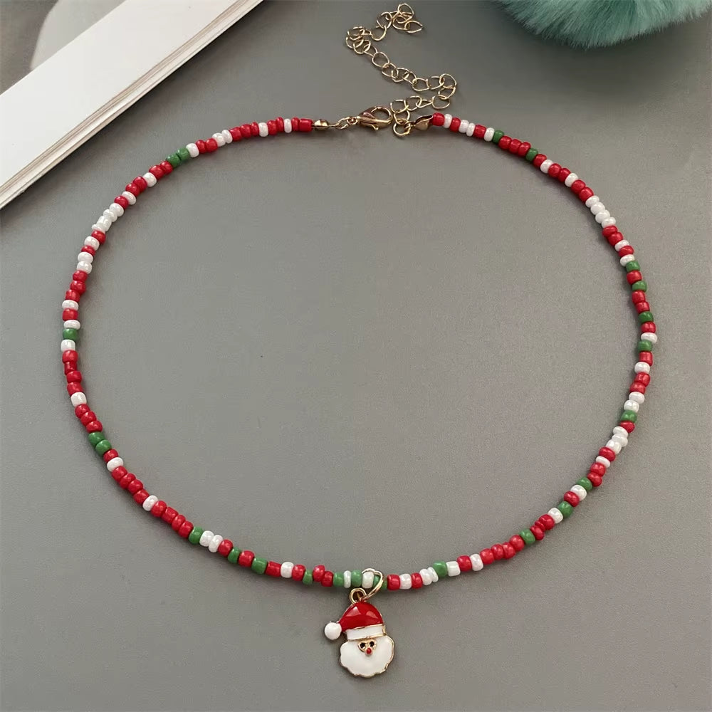 Christmas Necklaces for Women Handmade Rice Beads X'Mas Tree Santa Claus Snowman Necklace