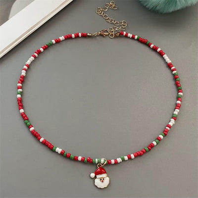Christmas Necklaces for Women Handmade Rice Beads X'Mas Tree Santa Claus Snowman Necklace